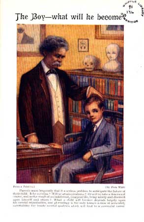 Prof. Severn in his office during a consultation, from a painting by Flora White. Phrenological and physiological chart / by J. Millott Severn and Mrs. J. Millott Severn (Brighton: Brighton Phrenological Institution, [192-?]), 10th ed., 60th thousand. PH: