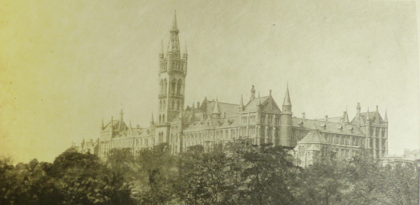 Glasgow University viewed from across the river Kelvin (black and white)