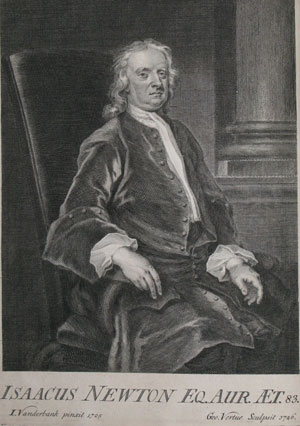 Reproduced from frontispiece of: Isaac Newton, Philosophiae naturalis principia mathematica. 3rd ed. (Londini : apud Guil & Joh. Innys, 1726) Engraved by George Vertue (1684–1756) after painting by John Vanderbank (1694?–1739), Whipple Library STORE 70:7.