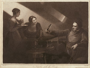 An imaginary, romanticised scene of Newton executing a prism experiment with two female onlookers. Reproduced from Whipple Museum Wh.3965. Black and white engraving by Meadows after painting by George Romney (1734–1802). Image © The Whipple Museum.