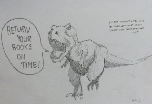 Return books on time T-rex drawing