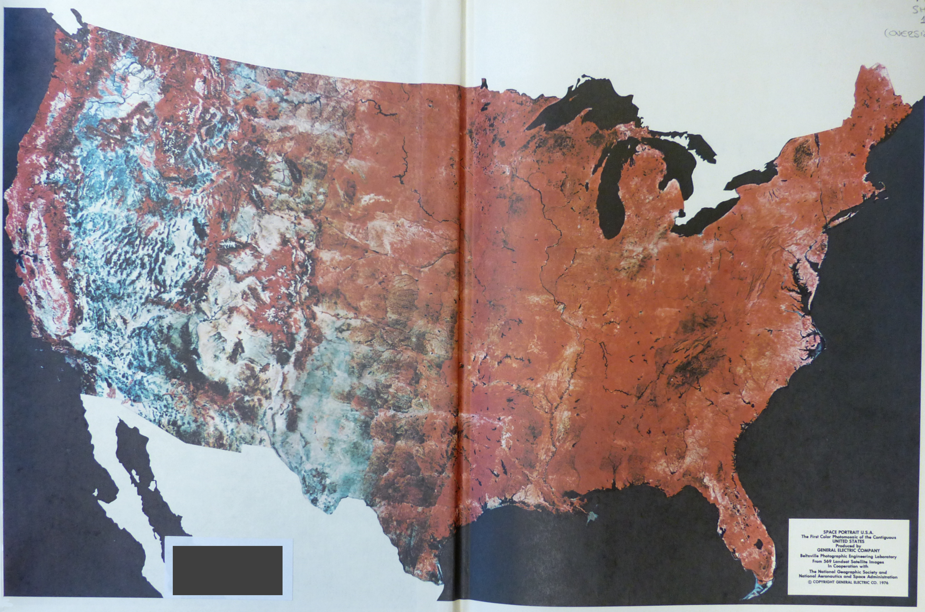 Colour photomosaic of the contiguous United States formed from 569 Landsat images, collected in Short (1976) Mission to Earth: Landsat Views the World