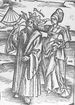 Woodcut of Ptolemy observing the stars with a quadrant, guided by Astronomy. From an edition of Gregor Reisch's Margarita philosophica (Argentine: Joannes Gruninger, 1512) STORE 55:27.