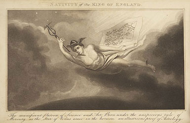 Plate showing Mercury carrying the horoscope of King George IV, who was the reigning monarch at the time of the book's publication