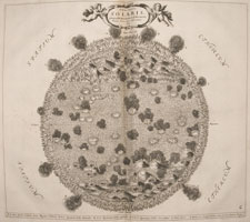 Of the Sun. Plate showing a volcanic looking sun with various features including sun spots and solar winds
