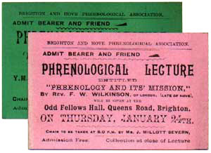 Tickets to phrenological lectures at the Brighton and Hove Phrenological Association. The upper ticket was for a lecture chaired by Prof. Severn.